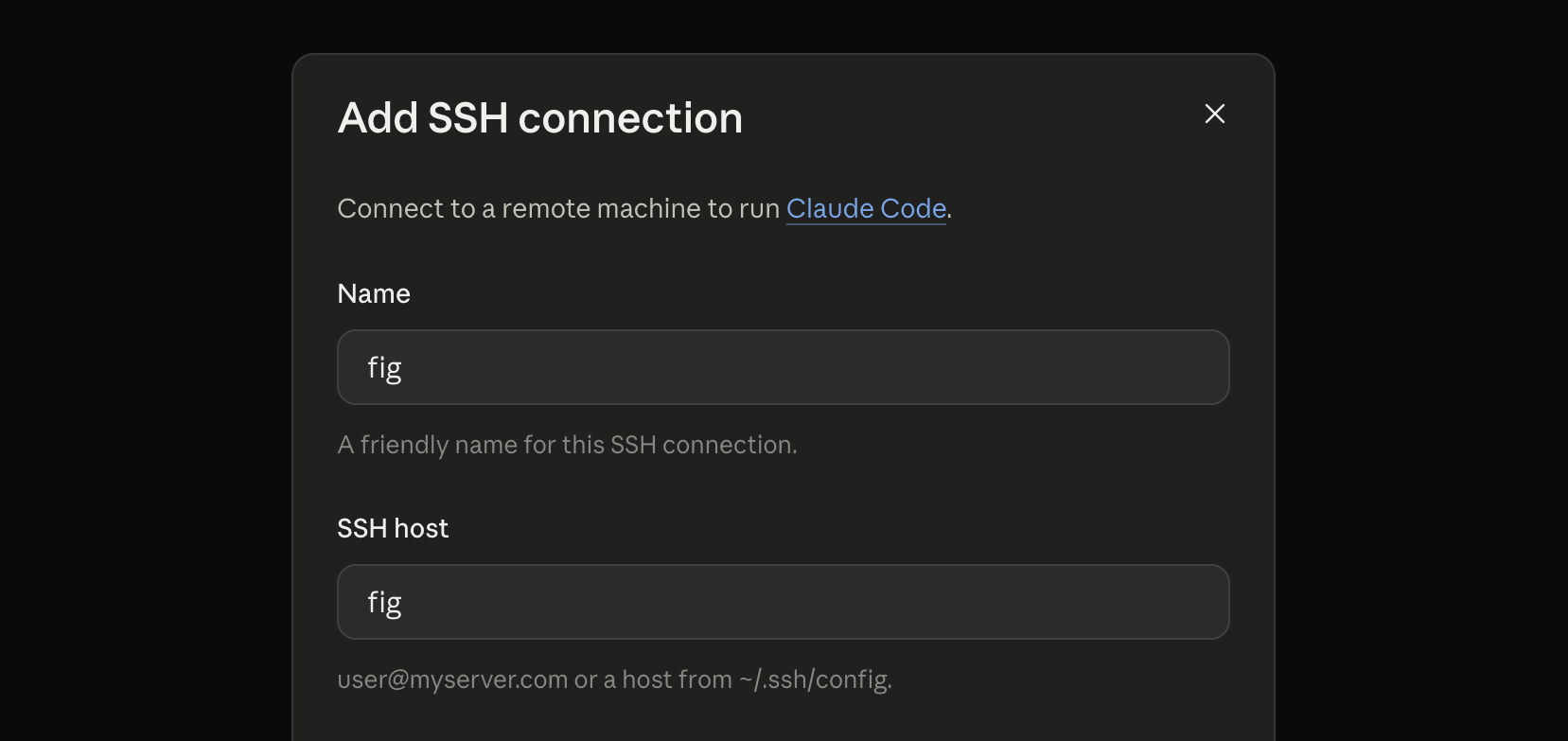 The Add SSH connection dialog with the box's name, fig, in both the Name and SSH host fields
